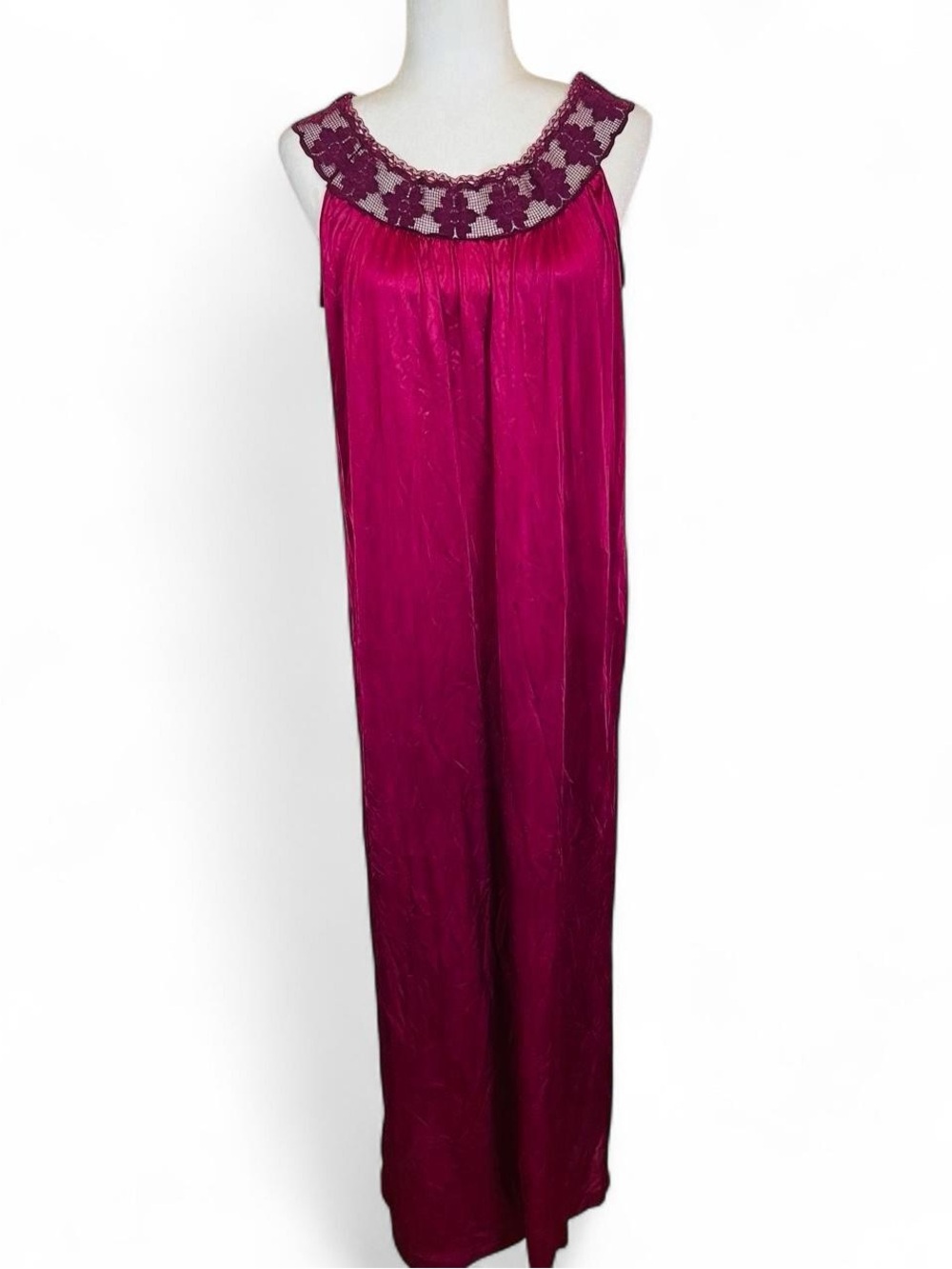 Vintage 60s 70s Flair Size Small S 100% Nylon Maroon Red Lace Neck Slip Dress